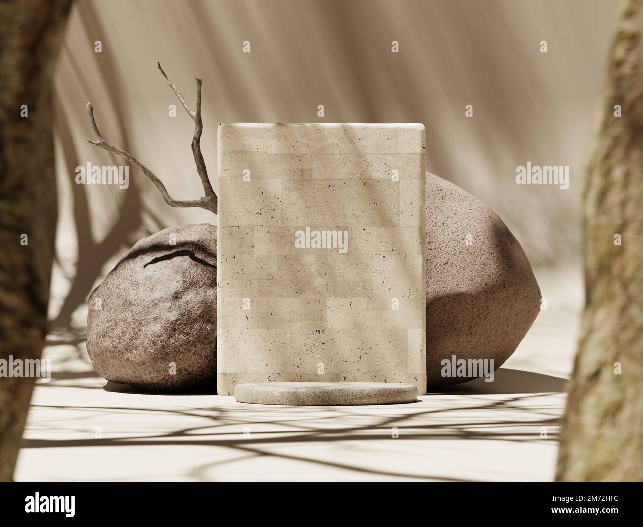3d podiums avec pierres et ombre d'arbre sur fond marron. 3d rendu réaliste de la présentation pour la publicité de produit. Banque D'Images