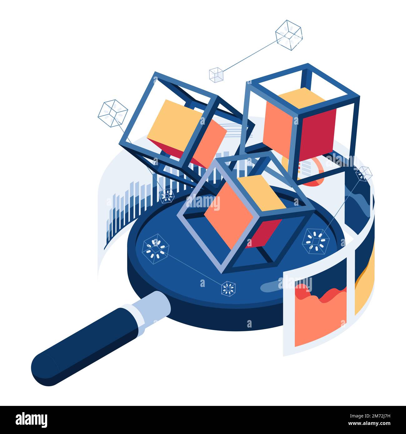 Blockchain isométrique flat 3D et loupe avec analyse des données. Concept de blockchain et d'analyse Big Data. Illustration de Vecteur