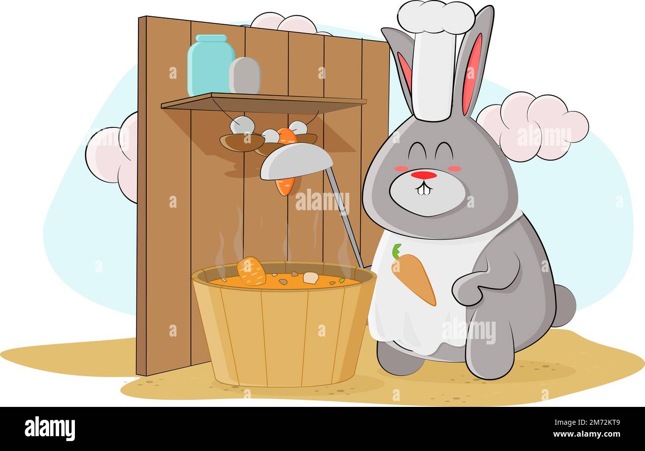 Bunny cuit la soupe de carottes et traite les animaux Illustration de Vecteur