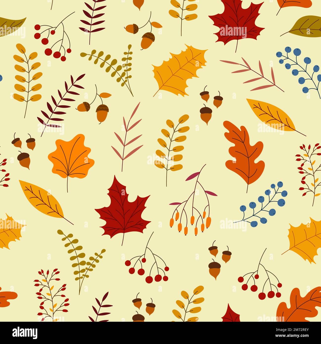Motif automnal sans couture avec baies, plantes, feuilles, glands. Charmant motif d'automne. Motif sans couture sur un thème d'automne. Dessiné à la main. Vecteur illustrat Illustration de Vecteur