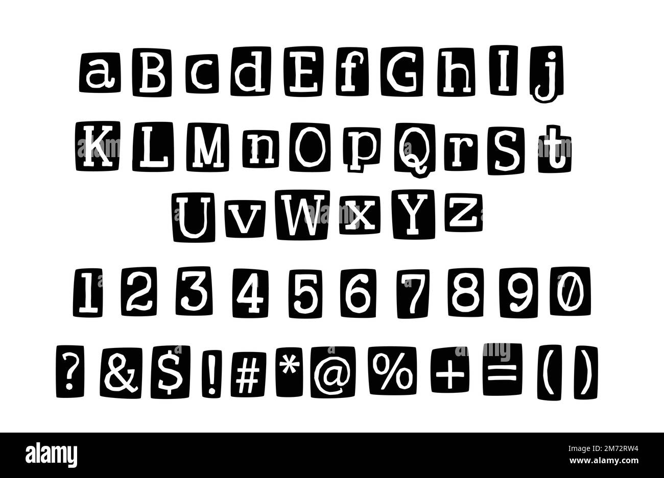 Rétro criminel anonyme maniaque lettres alphabet noir et blanc. Notes de chantage coupées dans un magazine. Illustration de Vecteur