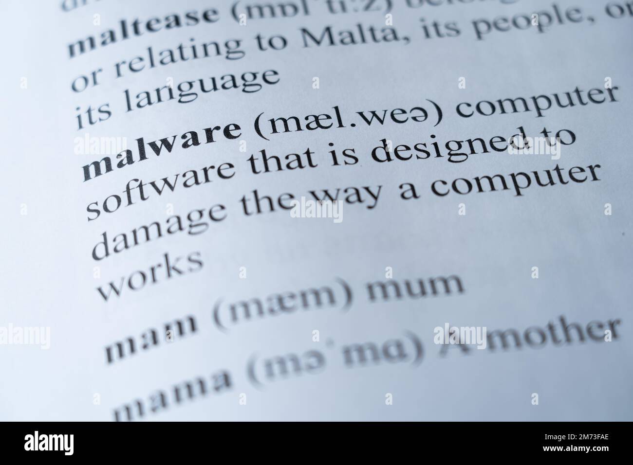 Une maquette d'une page de dictionnaire avec le mot malware avec focalisation sélective Banque D'Images