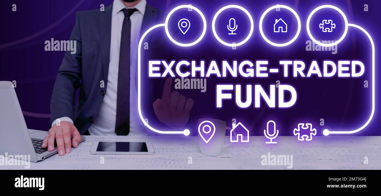 Affichage conceptuel Exchange Traded Fund. L'entreprise présente une sécurité commercialisable qui suit un indice boursier Banque D'Images