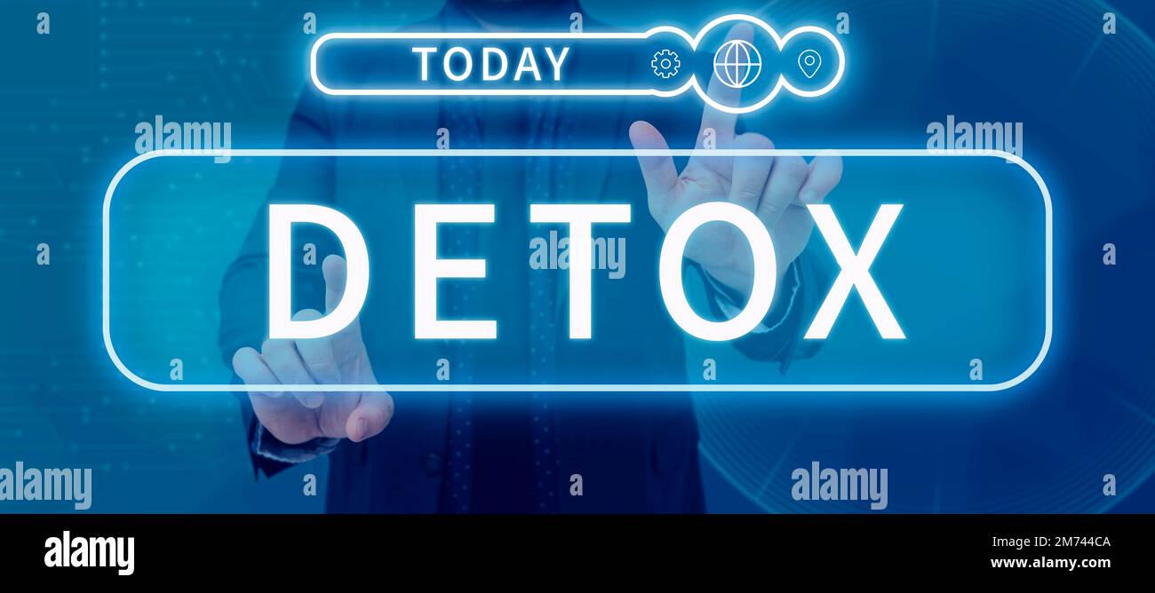 Symbole de texte indiquant Detox. Aperçu de l'entreprise moment pour l'alimentation Nutrition santé traitement de toxicomanie nettoyer Banque D'Images