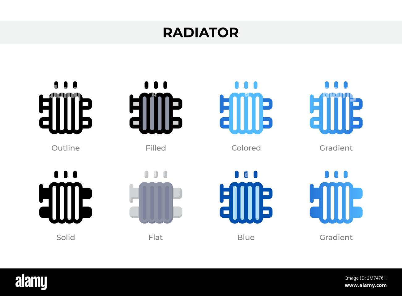 Icônes de radiateur de différents styles. Ensemble d'icônes de radiateur. Symbole de congé. Différentes icônes de style sont définies. Illustration vectorielle Illustration de Vecteur