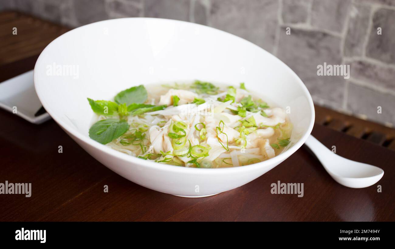Soupe asiatique végétarienne. Recette traditionnelle de l'Asie du Nord avec des épices telles que le curry et des herbes telles que la coriandre. Banque D'Images