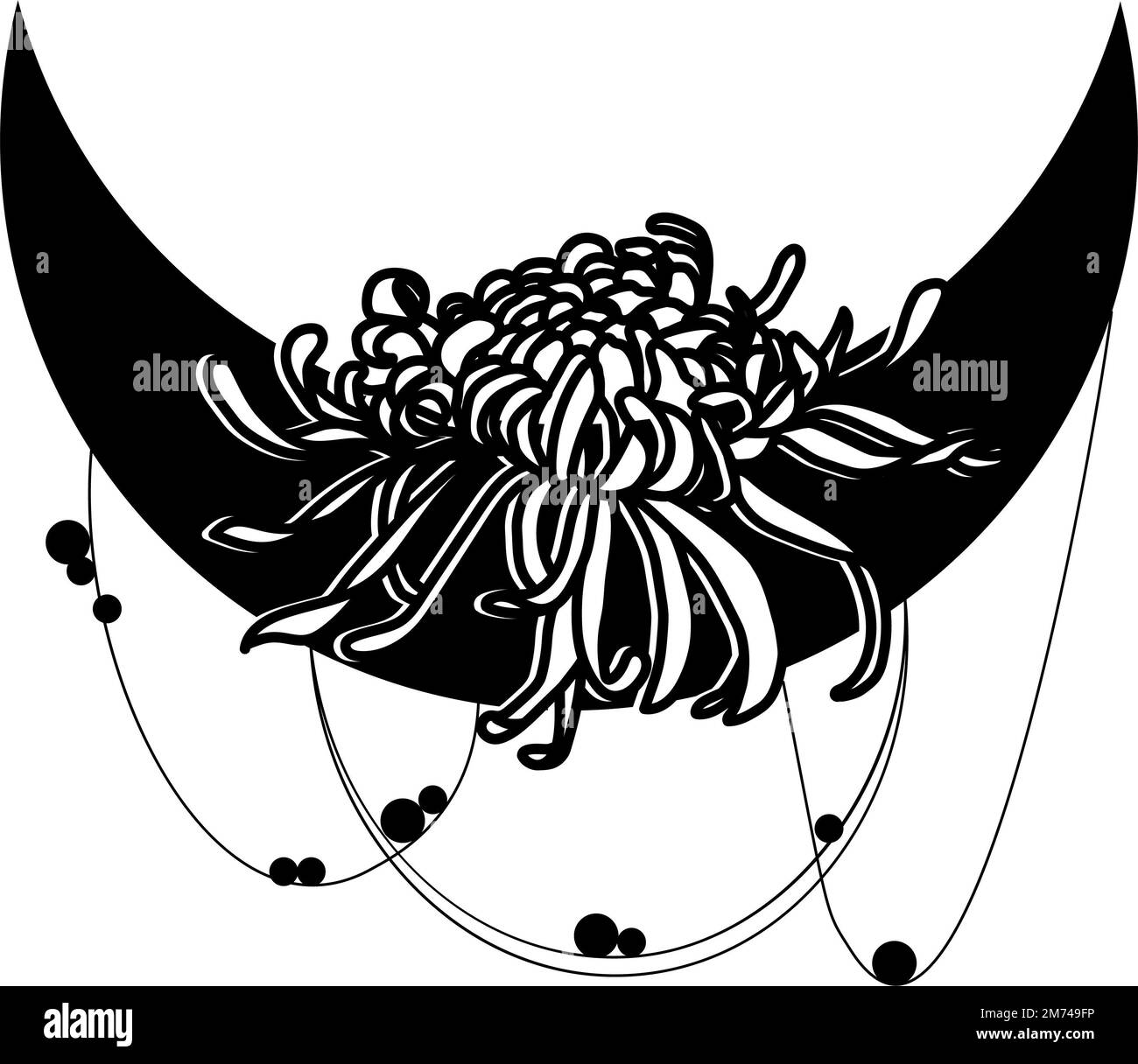 Aquarelle fleur lignes noires avec lune. Fleurs fleuries dessinées à la main avec aquarelle sur un fond blanc isolé. Parfait pour les invitations de mariage, Banque D'Images