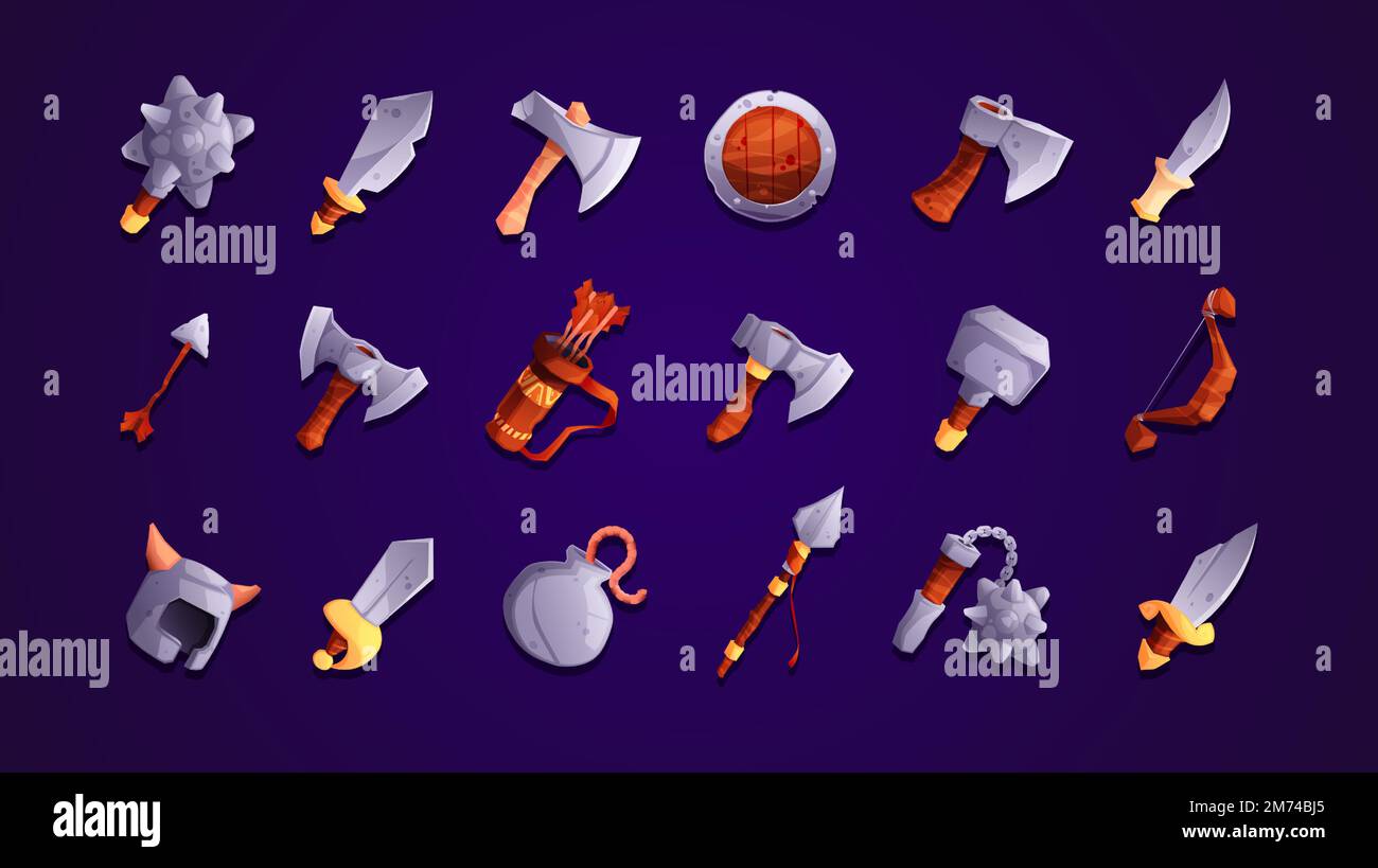 Jeu arme ancienne. FANTASY militaire médiéval guerrier armement de style dessin animé, guerre d'épée de chevalier lame de couteau de lame de lance ui éléments rpg. Vecteur s Illustration de Vecteur
