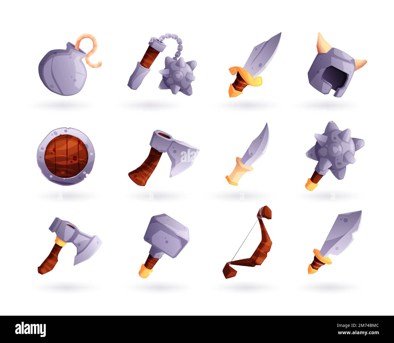 Arme médiévale de jeu. Caricature militaire armement et arsenal de protection, flèche lame bouclier couteau épée bombe mace icônes pour le jeu de stratégie. Ensemble de vecteurs Illustration de Vecteur