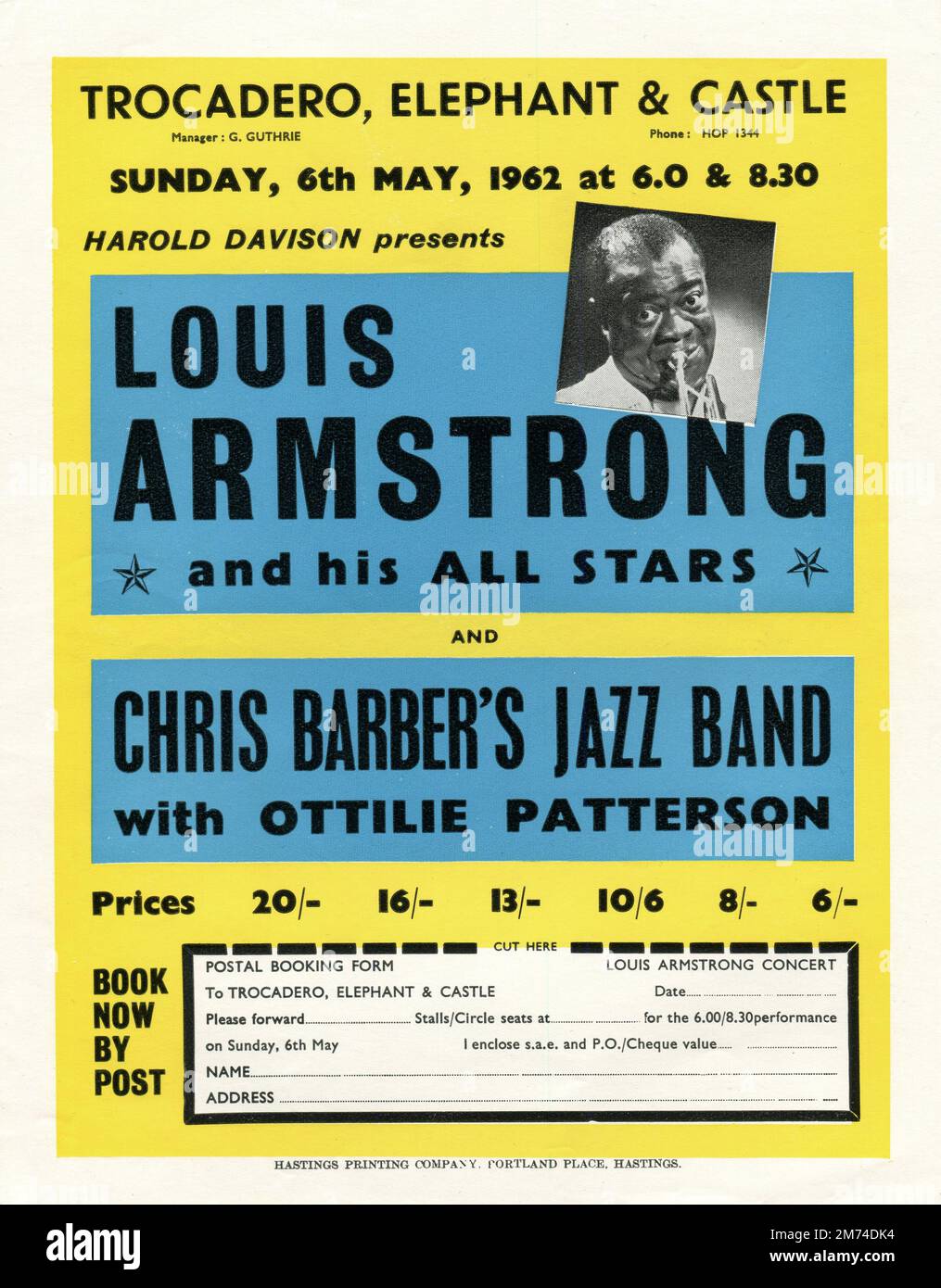 Un prospectus/prospectus a été rédigé pour promouvoir un concert de Louis Armstrong et de ses All Stars qui s'est tenu au Trocadéro, Elephant & Castle, Londres, le 6 mai 1962. Le concert a également présenté le groupe de jazz de Chris Barber avec Ottilie Patterson. Banque D'Images