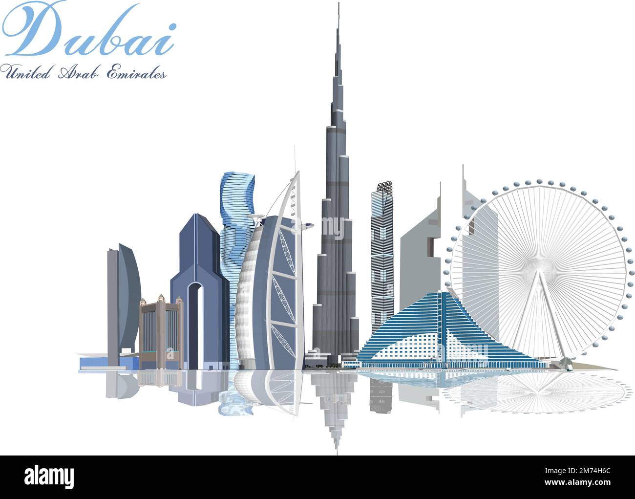 Horizon de Dubaï avec panorama sur fond de ciel. Illustration vectorielle. Concept de voyage d'affaires et de tourisme avec des bâtiments modernes. Image pour bannière ou nous Illustration de Vecteur
