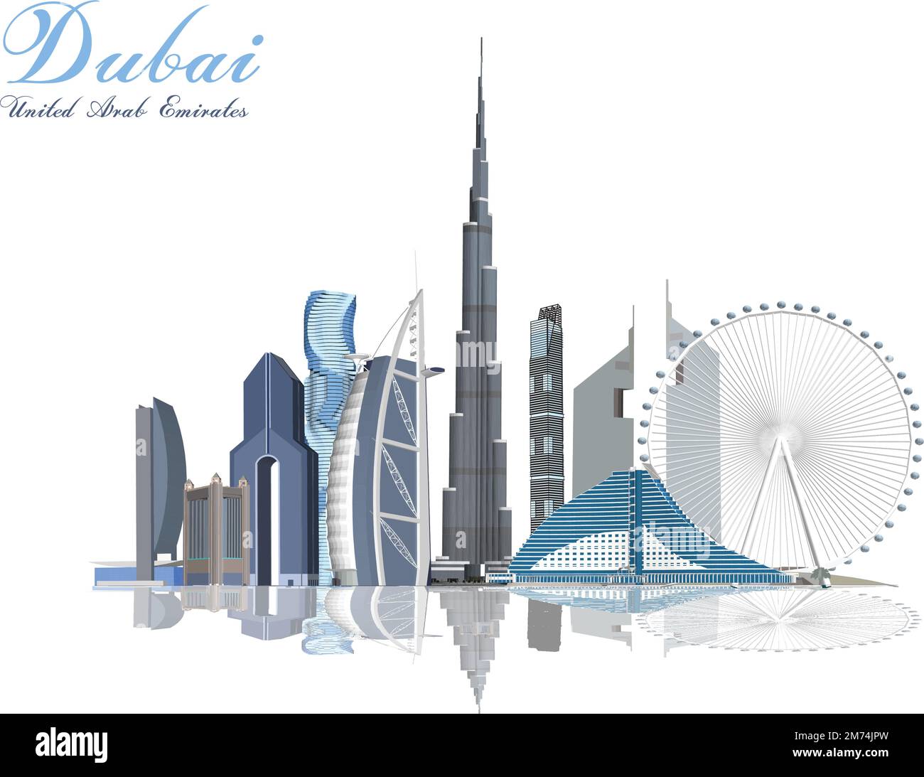 Horizon de Dubaï avec panorama sur fond de ciel. Illustration vectorielle. Concept de voyage d'affaires et de tourisme avec des bâtiments modernes. Image pour bannière ou nous Illustration de Vecteur