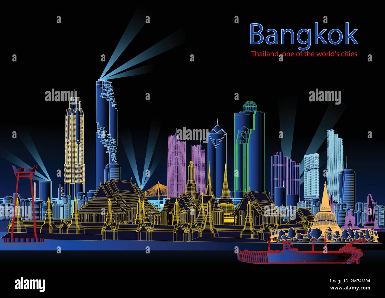 bangkok Night Skyline (Thaïlande) vecteur illustration voyage d'affaires et concept de tourisme avec l'image des bâtiments modernes pour bannière ou site Web Illustration de Vecteur