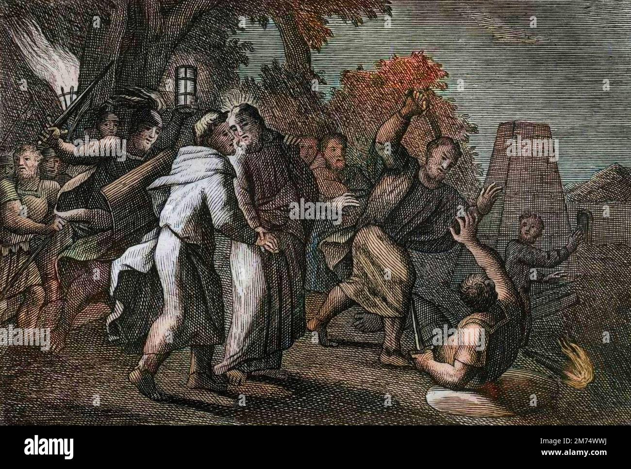 Bible par le Sieur de Royaumont, Nouveau Testament : Arrestation de Jésus Christ ou le baiser de Judas. Les soldats viennent arrêter le Christ au jardin des oliviers. Saint Pierre coupe l'aiguille de l'un d'entre eux. Gravure de 1811 - Bible de Royaumont, Nouveau Testament : arrestation de Jésus-Christ ou baiser de Judas. Les soldats viennent arrêter le Christ dans le jardin des oliviers. Saint Pierre coupe l'oreille de l'un d'eux. Gravure - coloration ultérieure Banque D'Images