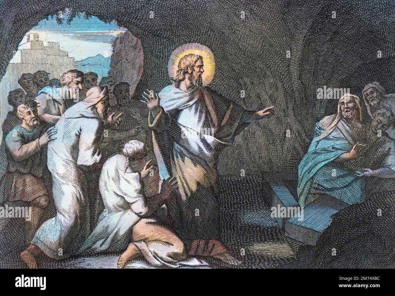 Bible par le Sieur de Royaumont, Nouveau Testament : la résurrection de Lazare par Jésus Christ. Gravure de 1811 - Bible de Royaumont, Nouveau Testament : la résurrection de Lazare par Jésus Christ. Gravure - coloration ultérieure Banque D'Images