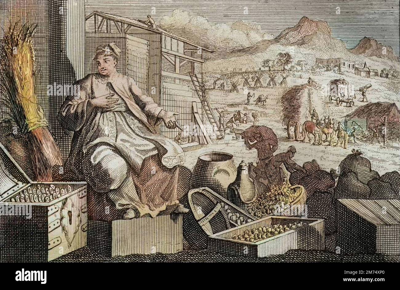 Bible par le Sieur de Royaumont, Nouveau Testament : folie des richesses ou la Parapole de l'homme riche. Jésus Christ parle contre la vanite d'un riche, qui s'est applaudi dans ses grands biens, et qui pleure la nuit suivante. Gravure de 1811 - Bible de Royaumont, Nouveau Testament : folie des richesses ou parabole de l'homme riche. Jésus-Christ parle contre la vanité d'un homme riche, qui a apprécié sa grande richesse, et qui est mort la nuit suivante. Gravure - coloration ultérieure Banque D'Images