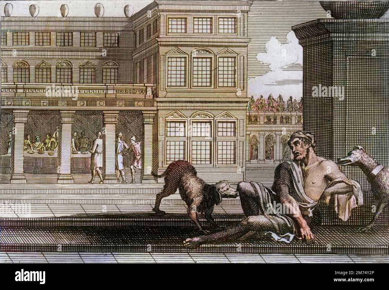 Bible par le Sieur de Royaumont, Nouveau Testament : Parapole du mauvais riche represente une table au fond et de Lazare le mendiant, à ne pas les chiens du riche lechent les tresses. Gravure de 1811 - Bible de Royaumont, Nouveau Testament : parabole de l'homme riche à la table et Lazare le mendiant, dont les blessures sont léchées par les chiens de l'homme riche. Gravure - coloration ultérieure Banque D'Images