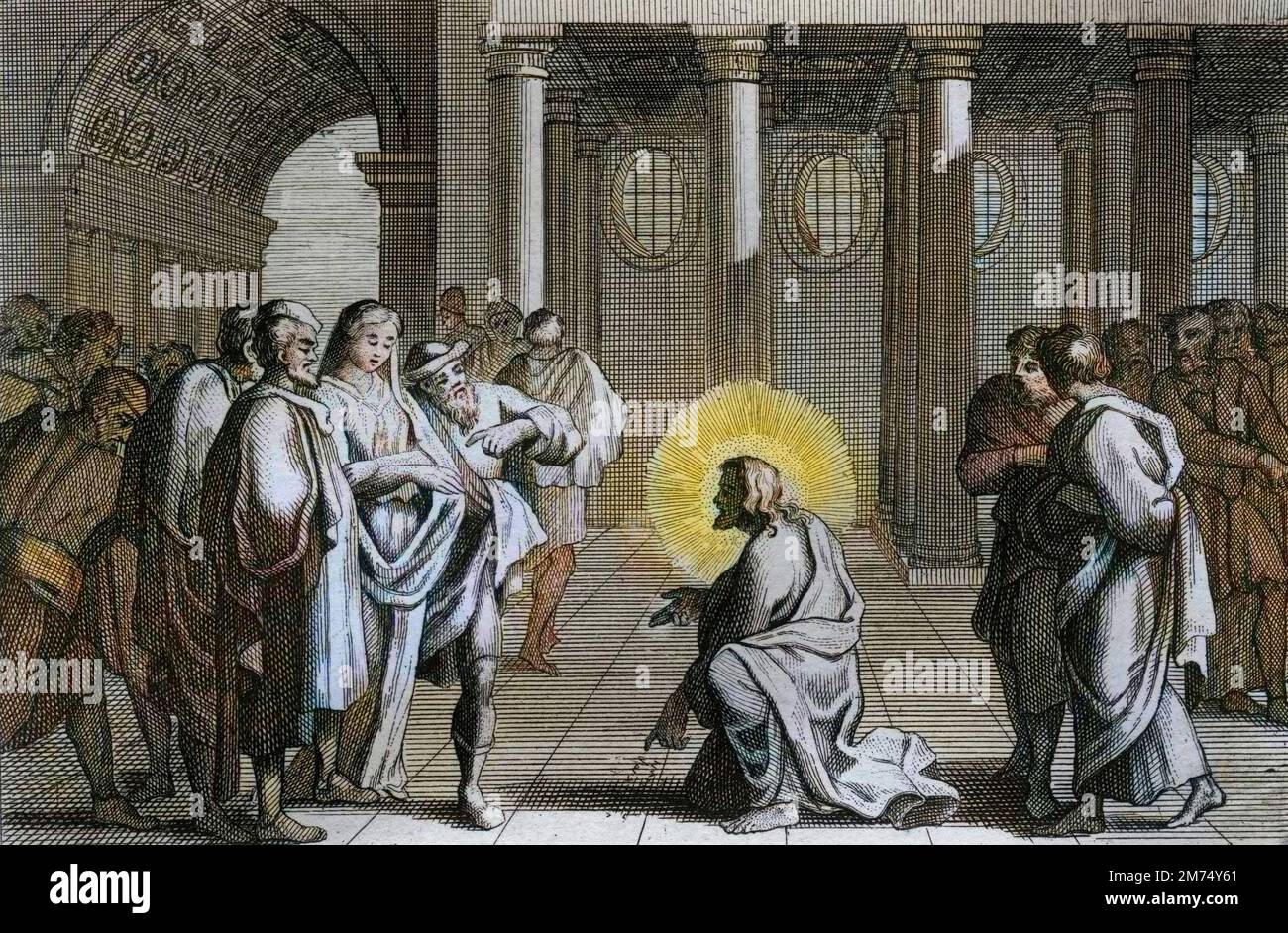 Bible par le Sieur de Royaumont, Nouveau Testament : la femme adultère. Jésus-Christ se delivre divination des sièges que lui tendaient les Juifs en lui dévant ce qu'on doit faire d'une femme surprise en adultère, en déclarant ''que cela celui de qui est sans péche jette le premier ministre contre elle''. Gravure de 1811 - Bible de Royaumont, Nouveau Testament : la femme adultère. Jésus-Christ se libère divinely des pièges mis pour lui par les Juifs en lui demandant ce qui devrait être fait avec une femme prise dans l'adultère, en déclarant ''que l'un de vous qui est sans péché soit le premier à jeter Banque D'Images