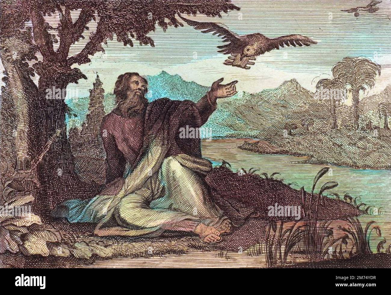 Bible par le Sieur de Royaumont, ancien Testament : Corbeaux d'Elie. Dieu frittant la terre d'une stérilite de trois ans, enVOIE le Prophete Elie pres d'un torrent, ou deux corbeaux lui ont un mangeur. Gravure de 1811 - Bible de Royaumont, ancien Testament : Ravens d'Élie. Dieu, frappant la terre avec une stérilité de trois ans, envoie le prophète Élie près d'un ruisseau, où deux corbeaux lui apportent de la nourriture. Gravure - coloration ultérieure Banque D'Images