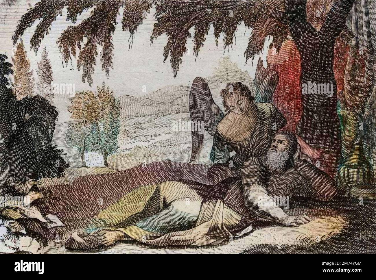 Bible par le Sieur de Royaumont, ancien Testament : Fuite d'Elie. Elie fuyant la colere de Jezabel qui se voulait venger sur lui de la mort de ses faux prophètes, est soutenu dans le désert par un Ange qui lui lui a attribué un mangeur. Gravure de 1811 - Bible de Royaumont, ancien Testament : vol d'Élie. Élie fuyant la colère de Jézabel qui voulait se venger de lui pour la mort de ses faux prophètes, est soutenu dans le désert par un ange qui lui apporte de la nourriture. Gravure - coloration ultérieure Banque D'Images