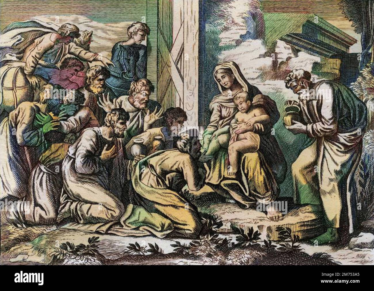 Bible par le Sieur de Royaumont, Nouveau Testament : adoration des rois Mages. Gravure de 1811 - Bible de Royaumont, Nouveau Testament : adoration des Mages. Gravure - coloration ultérieure Banque D'Images