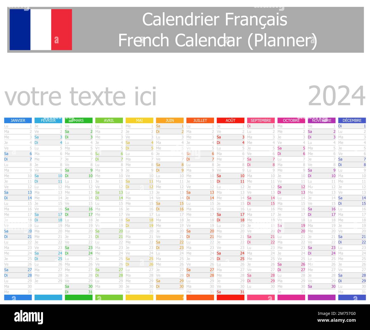 Calendrier 2024 du planificateur français avec mois verticaux sur