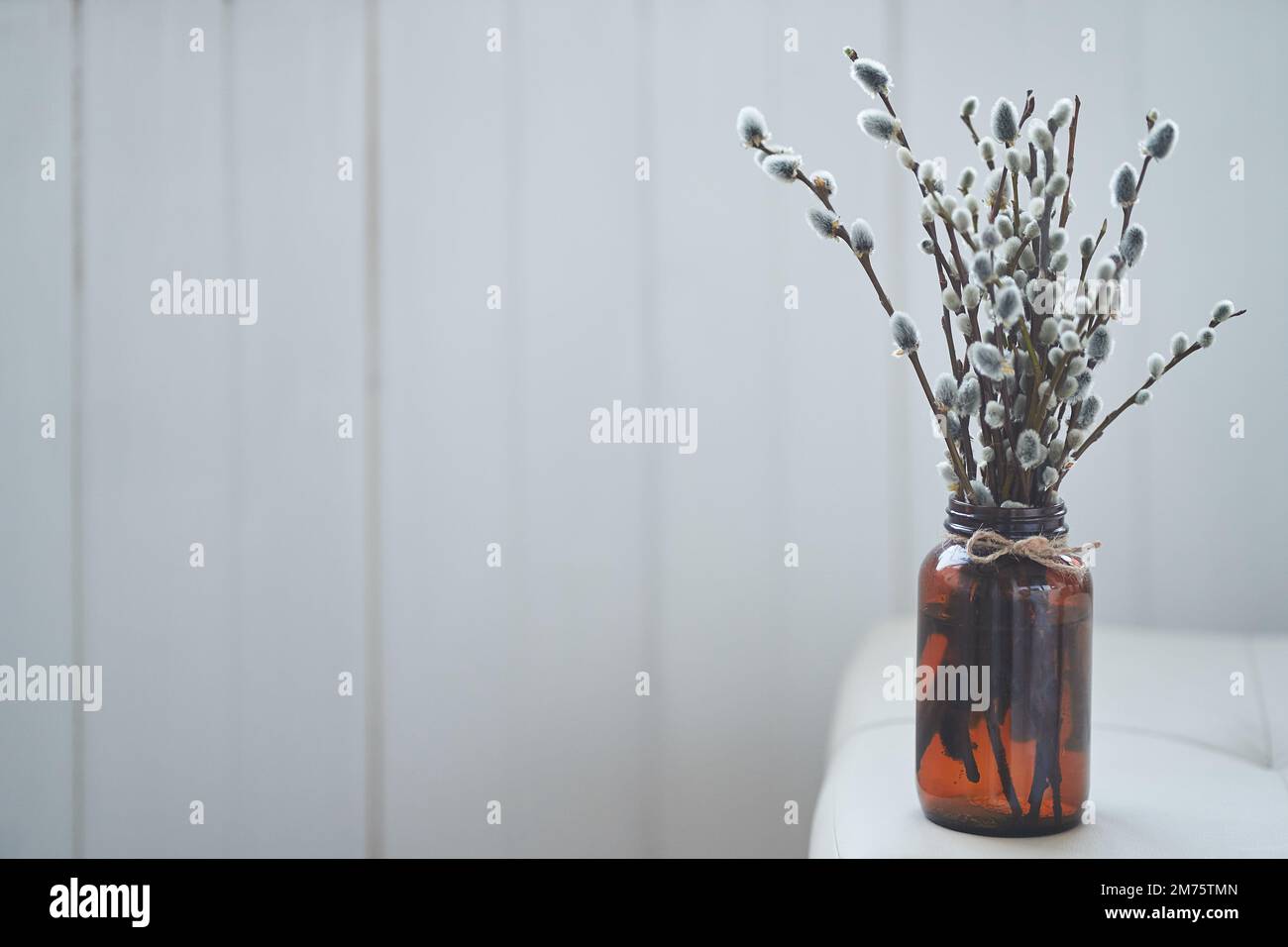 Branches de saule dans un bouquet sur le bord de la table. Saule, bourgeons moelleux, vase en verre brun. Palm Sunday Holiday avec espace de copie. Photo de haute qualité Banque D'Images Branches de saule dans un bouquet sur le bord de la table. Saule, bourgeons moelleux, vase en verre brun. Palm Sunday Holiday avec espace de copie. Photo de haute qualité Banque D'Images