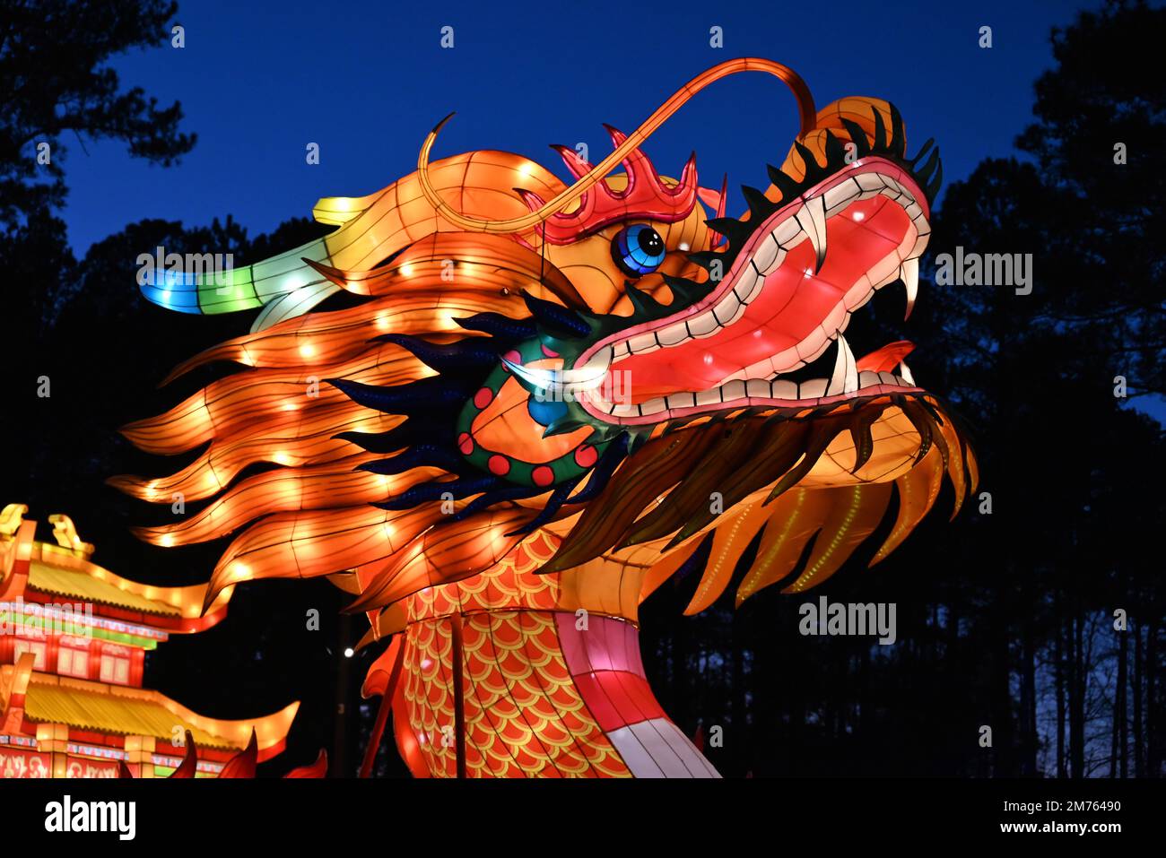 Gros plan d'une tête de dragon au festival chinois des lanternes à Cary, en Caroline du Nord. Banque D'Images Gros plan d'une tête de dragon au festival chinois des lanternes à Cary, en Caroline du Nord. Banque D'Images