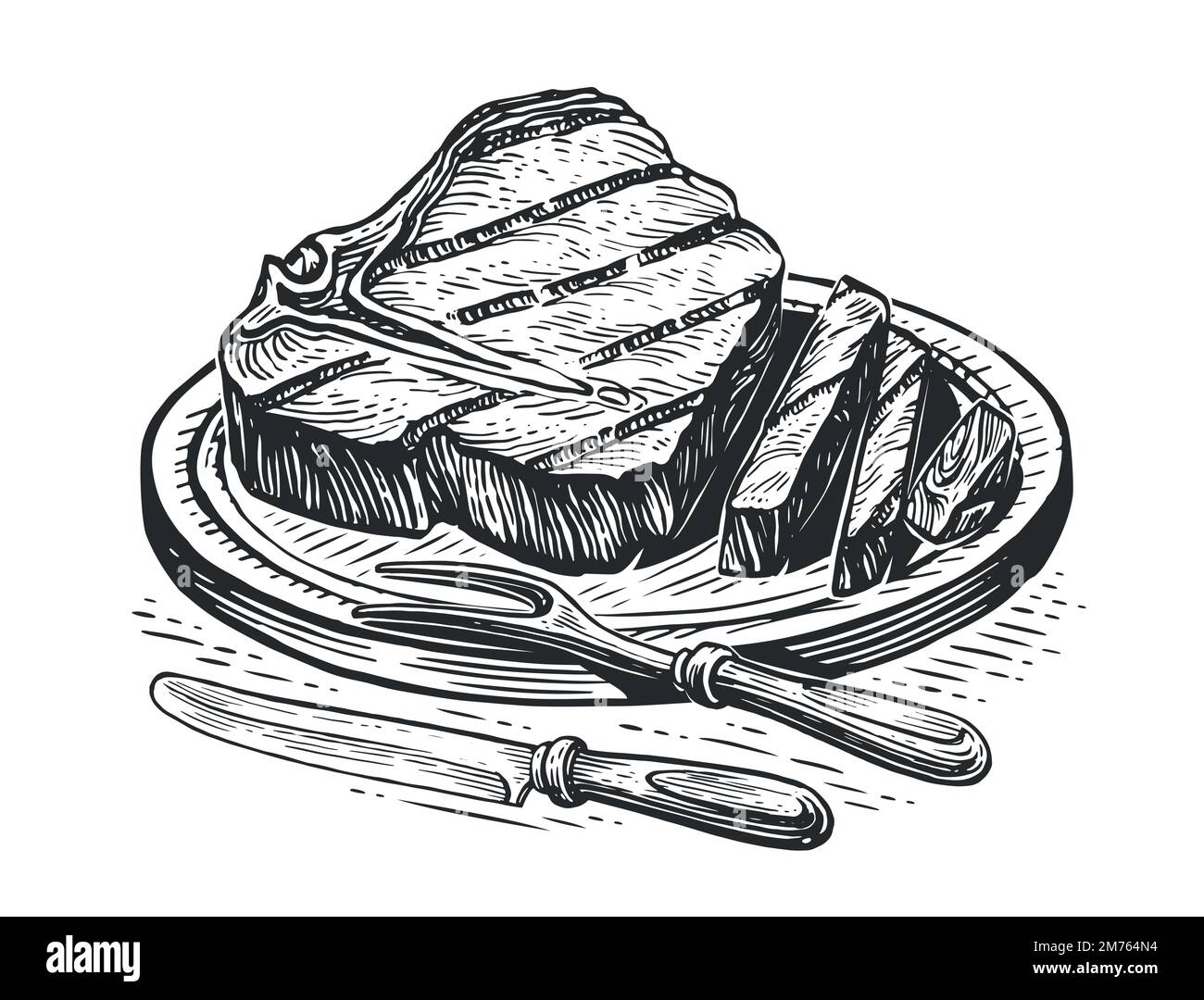 Filet de bœuf grillé avec couteau et fourchette sur planche à découper en bois. Aliments grillés, dessin vectoriel gravé Illustration de Vecteur