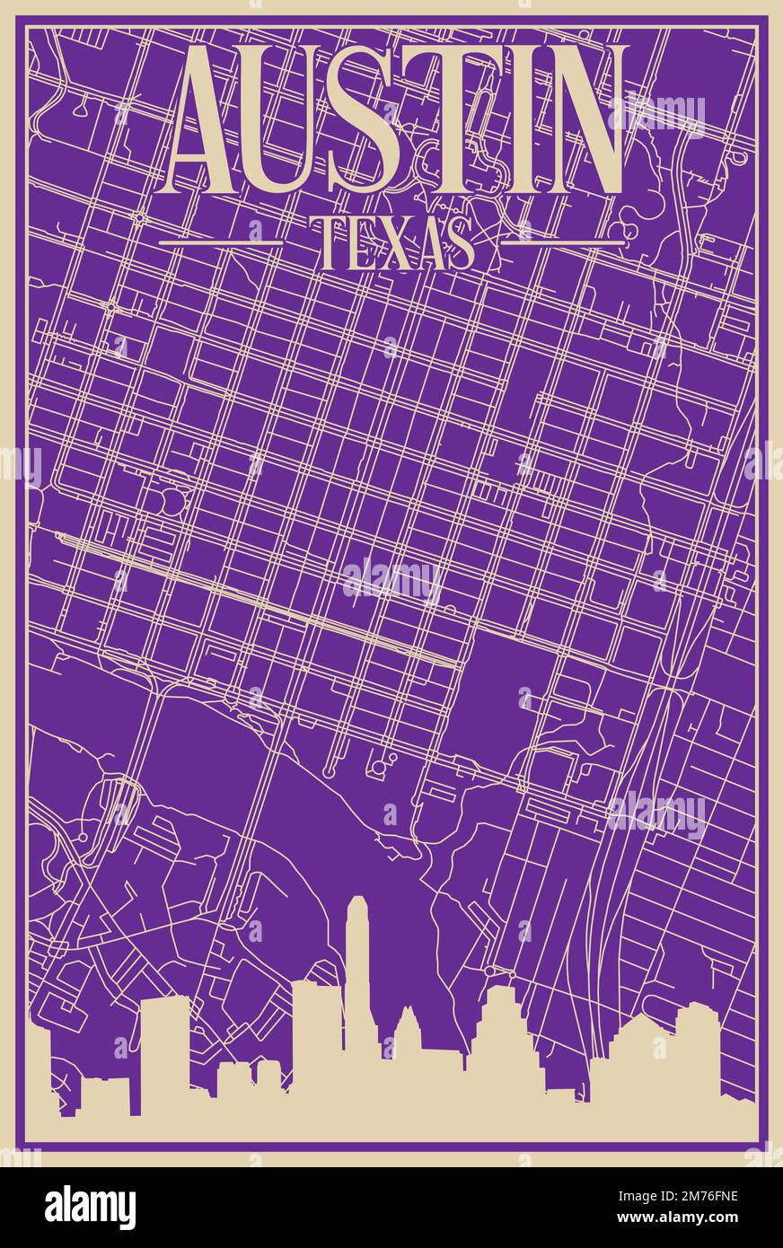 Affiche encadrée en violet dessinée à la main du centre-ville D'AUSTIN, TEXAS, avec un horizon et des lettres d'époque Illustration de Vecteur