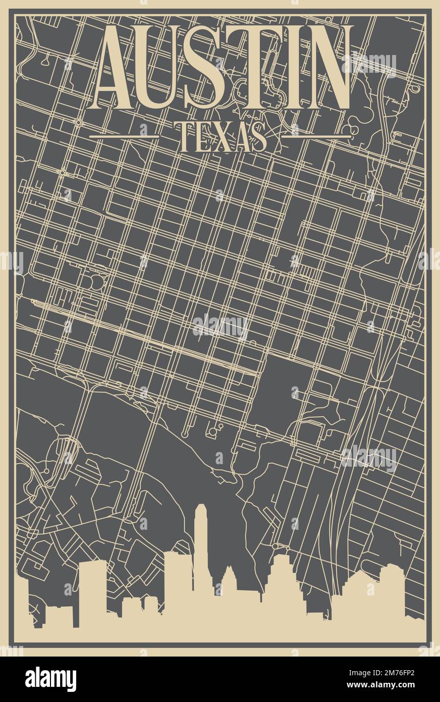 Affiche encadrée grise dessinée à la main du centre-ville D'AUSTIN, TEXAS, avec un horizon et des lettres d'époque Illustration de Vecteur