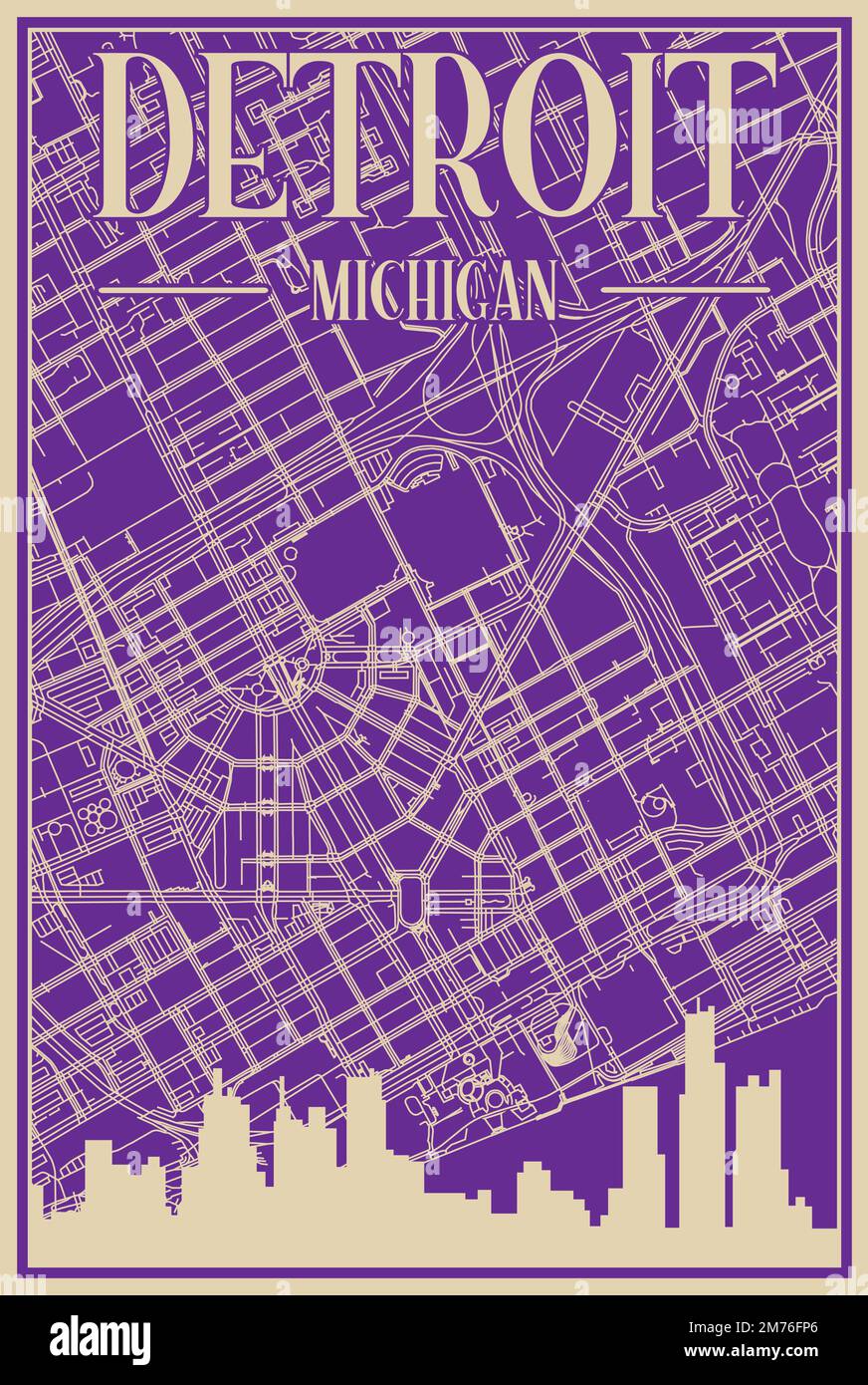 Affiche encadrée en violet dessinée à la main du centre-ville DE DETROIT, MICHIGAN, avec un horizon et des lettres d'époque Illustration de Vecteur