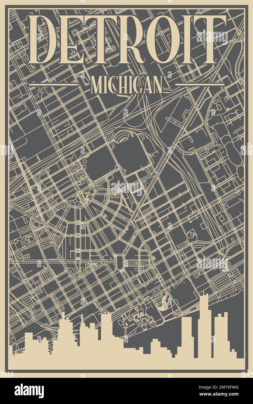 Affiche encadrée grise dessinée à la main dans le centre-ville DE DETROIT, MICHIGAN, avec des caractères et des gratte-ciel d'époque Illustration de Vecteur
