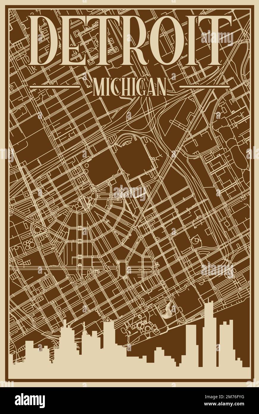 Affiche encadrée de couleur marron dessinée à la main du centre-ville DE DETROIT, MICHIGAN, avec un horizon et des lettres d'époque Illustration de Vecteur