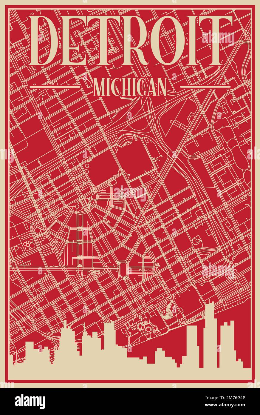 Affiche encadrée rouge dessinée à la main du centre-ville DE DETROIT, MICHIGAN, avec un horizon et des lettres d'époque Illustration de Vecteur