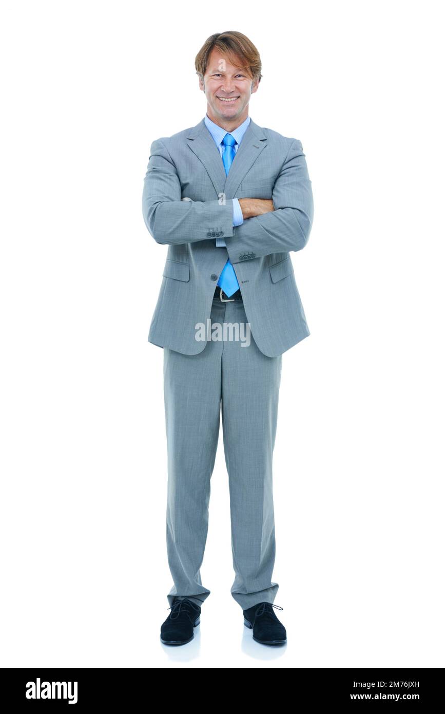 Retour aux affaires. Studio photo d'un homme d'affaires isolé sur blanc. Banque D'Images