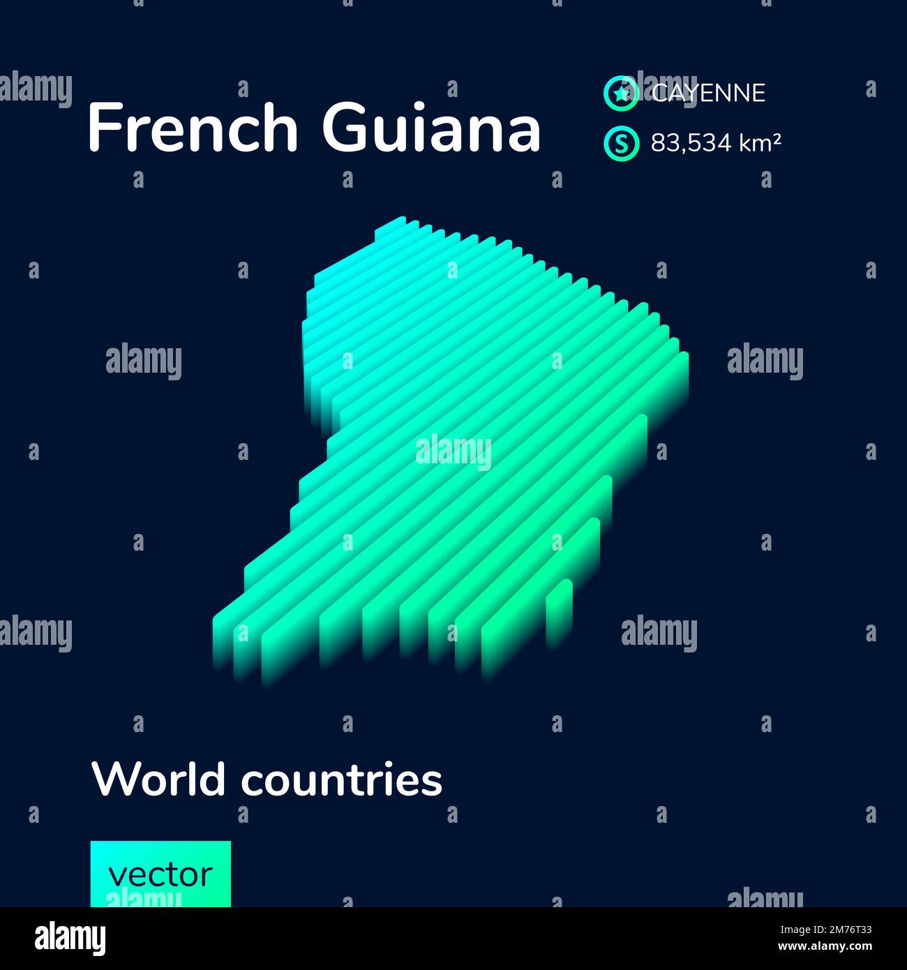 Carte stylisée néon simple numérique isométrique à rayures vector de la Guyane française, avec effet 3D. Illustration de Vecteur
