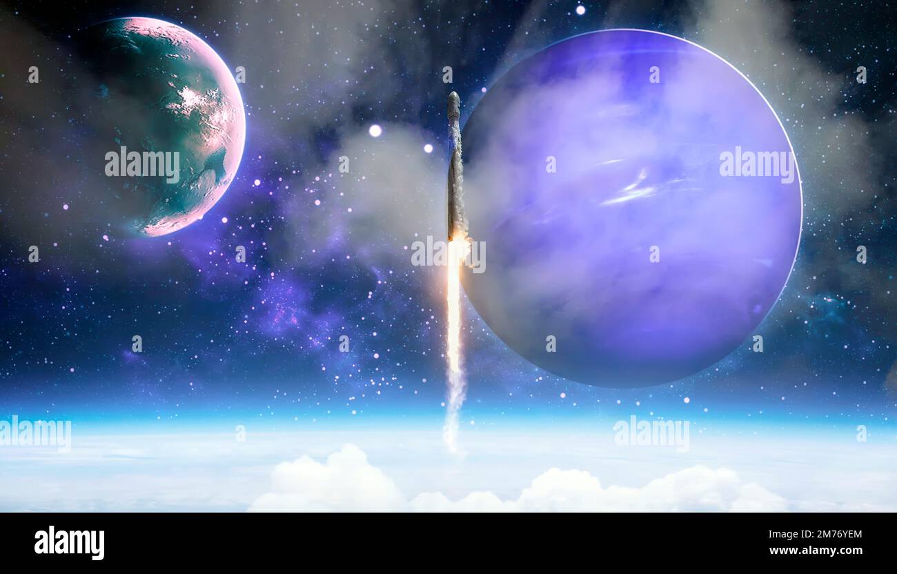 Lancement de la navette dans les nuages vers l'espace.Espace sombre avec des étoiles en arrière-plan.vol Spaceship.Éléments de cette image fournis par la NASA Banque D'Images