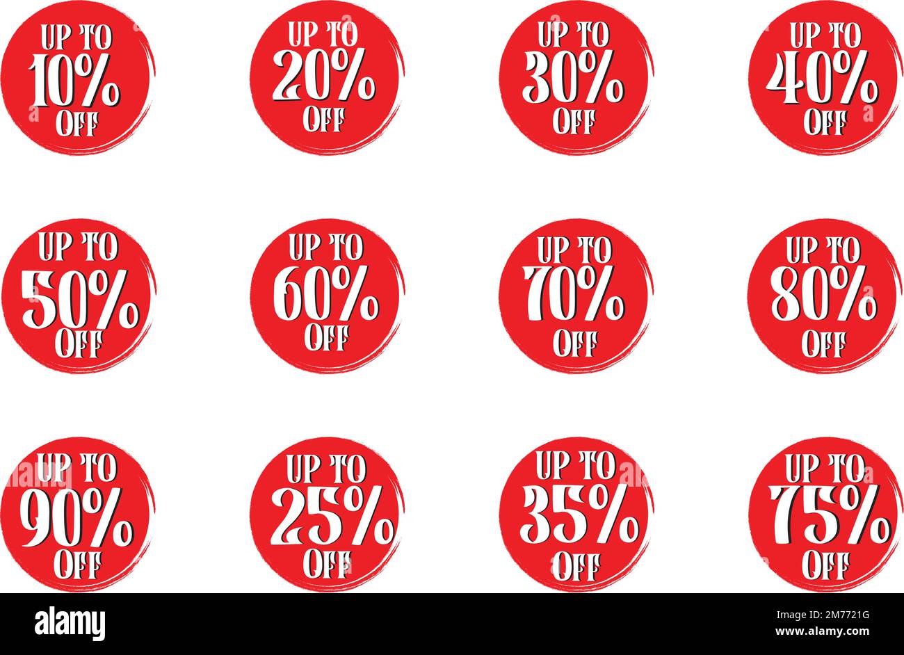 Solde ensemble de badges vectoriels avec étiquettes de réduction, 10 rabais, 20 %, 90, 80, 30, 40, 50, 60, 70, 75, 25, 35, symboles d'étiquette de pourcentage de vente avec cercle rond arrière Illustration de Vecteur