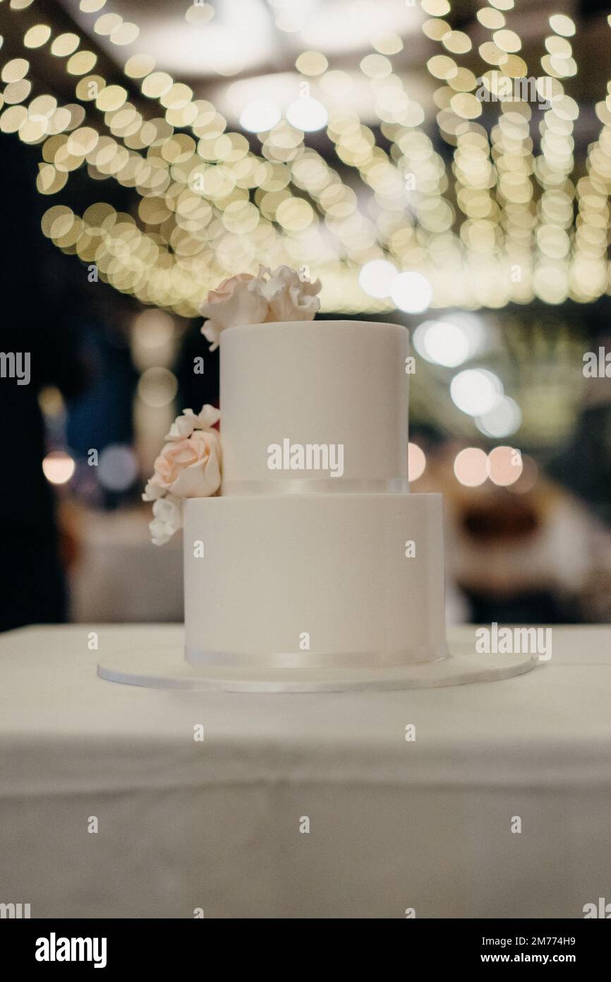 Un gros plan d'un gâteau de mariage sur une table Banque D'Images