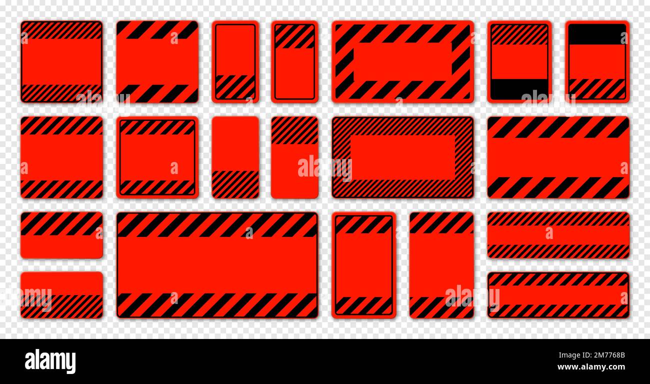Divers panneaux d'avertissement rouges vierges avec lignes diagonales. Panneau attention, danger ou attention, signalisation du chantier. Panneau de signalisation réaliste, avertissement Illustration de Vecteur