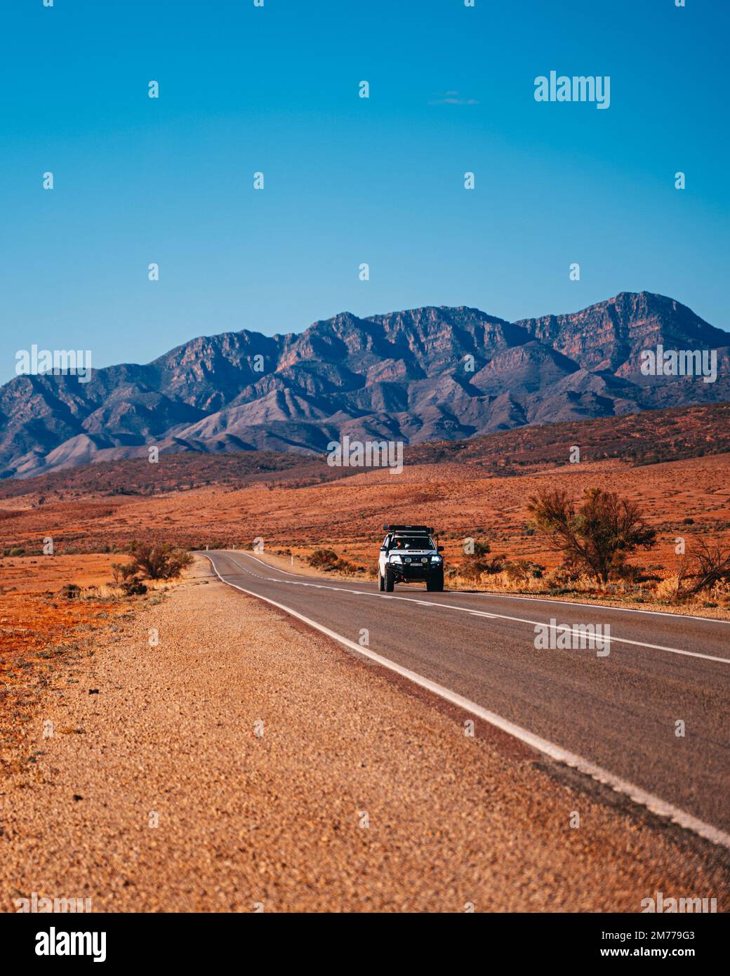 Quatre roues motrices ute conduite sur une route dans les Flinders Rangers avec chaîne de montagnes en arrière-plan Banque D'Images