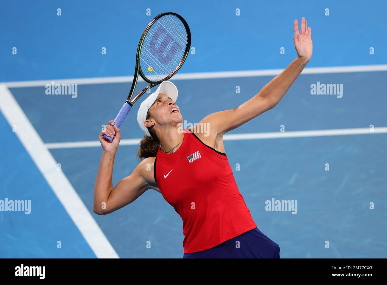 Sydney, Australie. 08th janvier 2023. Madison Keys of USA sert pendant la finale entre Madison Keys of USA et Lucia Bronzetti of Italy lors de la coupe United Day 10 à Ken Rosewall Arena, Sydney Olympic Park tennis Center, Sydney, Australie, le 8th janvier 2023. Photo de Peter Dovgan. Utilisation éditoriale uniquement, licence requise pour une utilisation commerciale. Aucune utilisation dans les Paris, les jeux ou les publications d'un seul club/ligue/joueur. Crédit : UK Sports pics Ltd/Alay Live News Banque D'Images