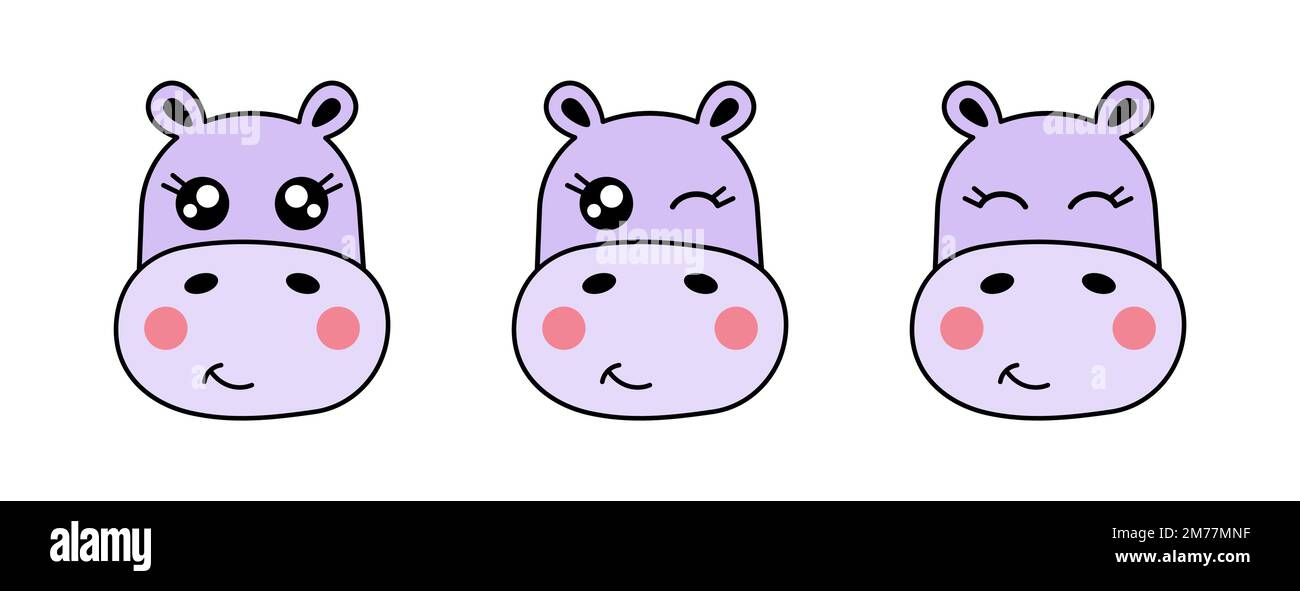 Adorable ensemble de visage hippopotame. Hippo émoticone sourire et se tordre. Kawaii hippopotamus emoji. Icône Hippo face. Drôle d'expression de personnage de dessin animé animal. Illustration de Vecteur