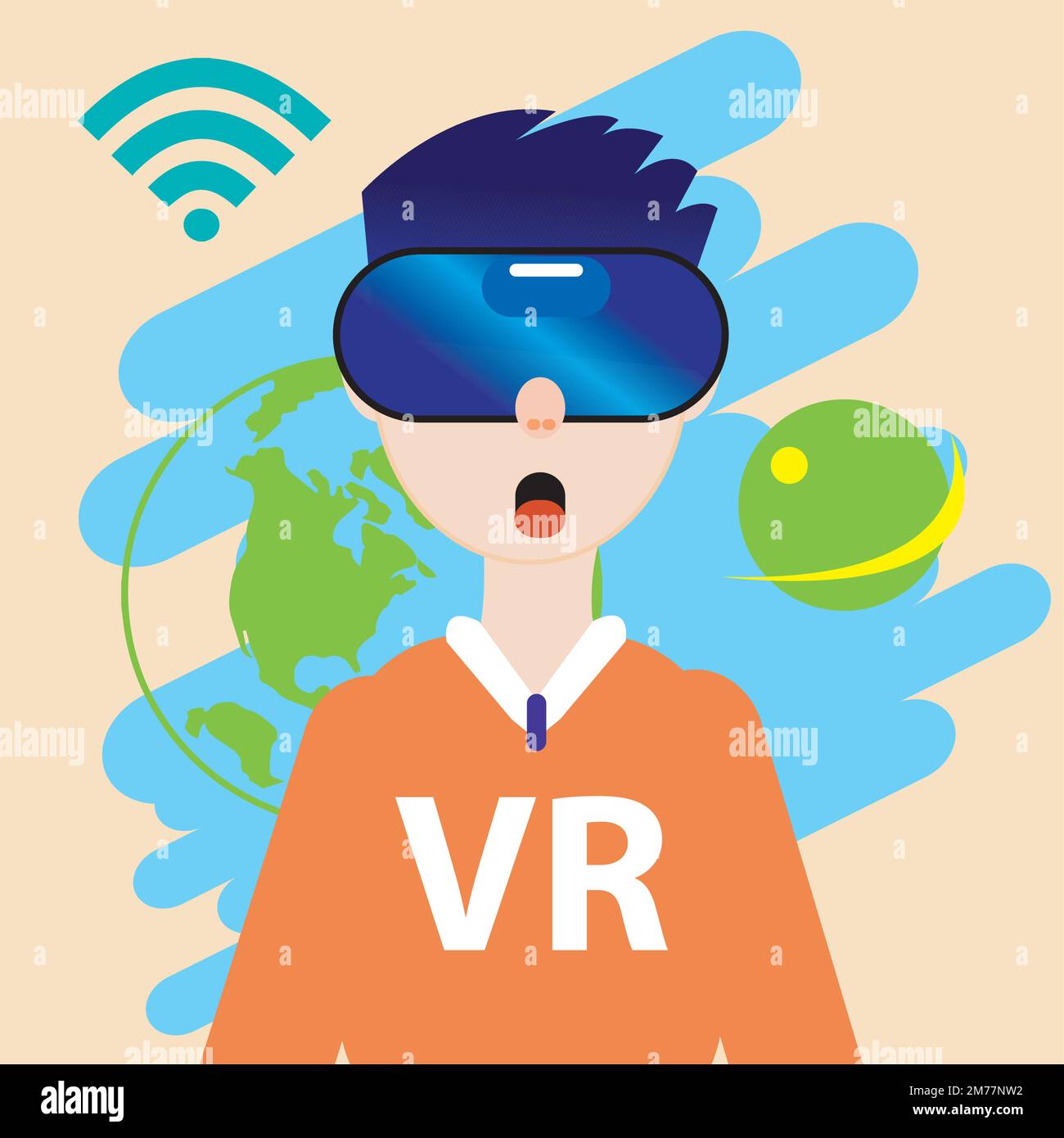 Jeune homme déplaçant des objets à l'aide d'un dispositif VR montrant une image vectorielle du monde virtuel. Illustration de Vecteur