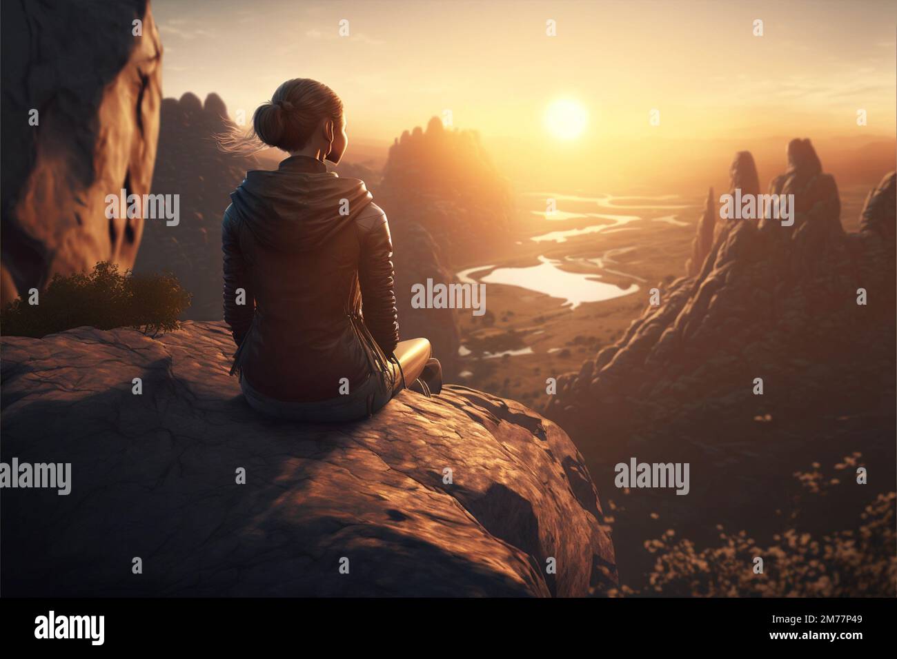 Femme assise devant le coucher de soleil Banque de photographies et d