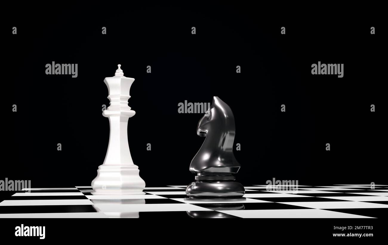 CheckMate dans le jeu d'échecs. Figurine de roi d'échecs et cheval de chevalier d'échecs sur un échiquier. Banque D'Images