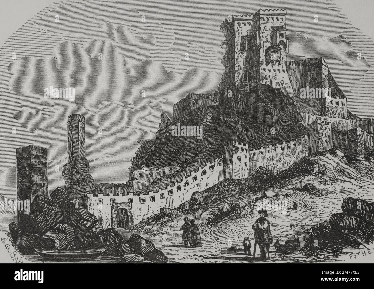 Château de Devín à Bratislava, Slovaquie. Gravure par Pothey. 'Los Héroes y las Grandezas de la Tierra' (les héros et les Grandeurs de la Terre). Volume VI 1856. Banque D'Images