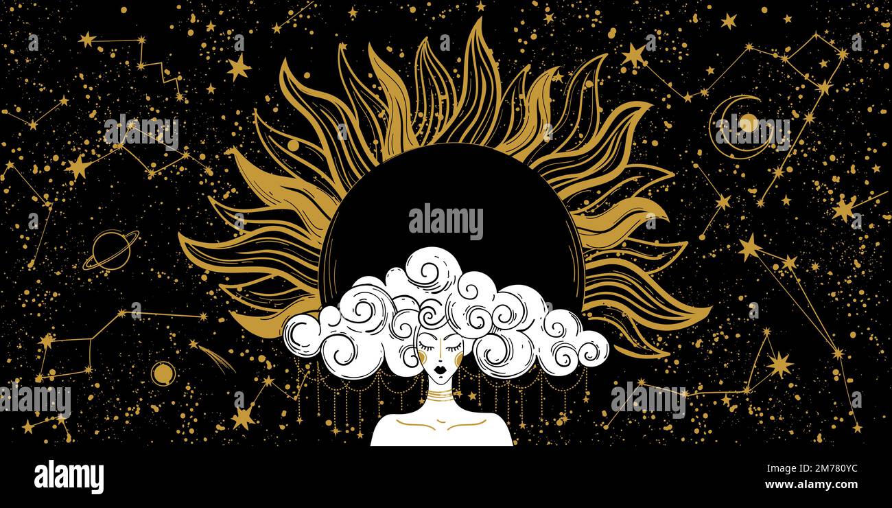 Bannière mystique pour l'astrologie, le zodiaque et l'horoscope, femme sur fond d'espace noir avec soleil doré et constellations. Vecteur spirituel ésotérique malade Illustration de Vecteur