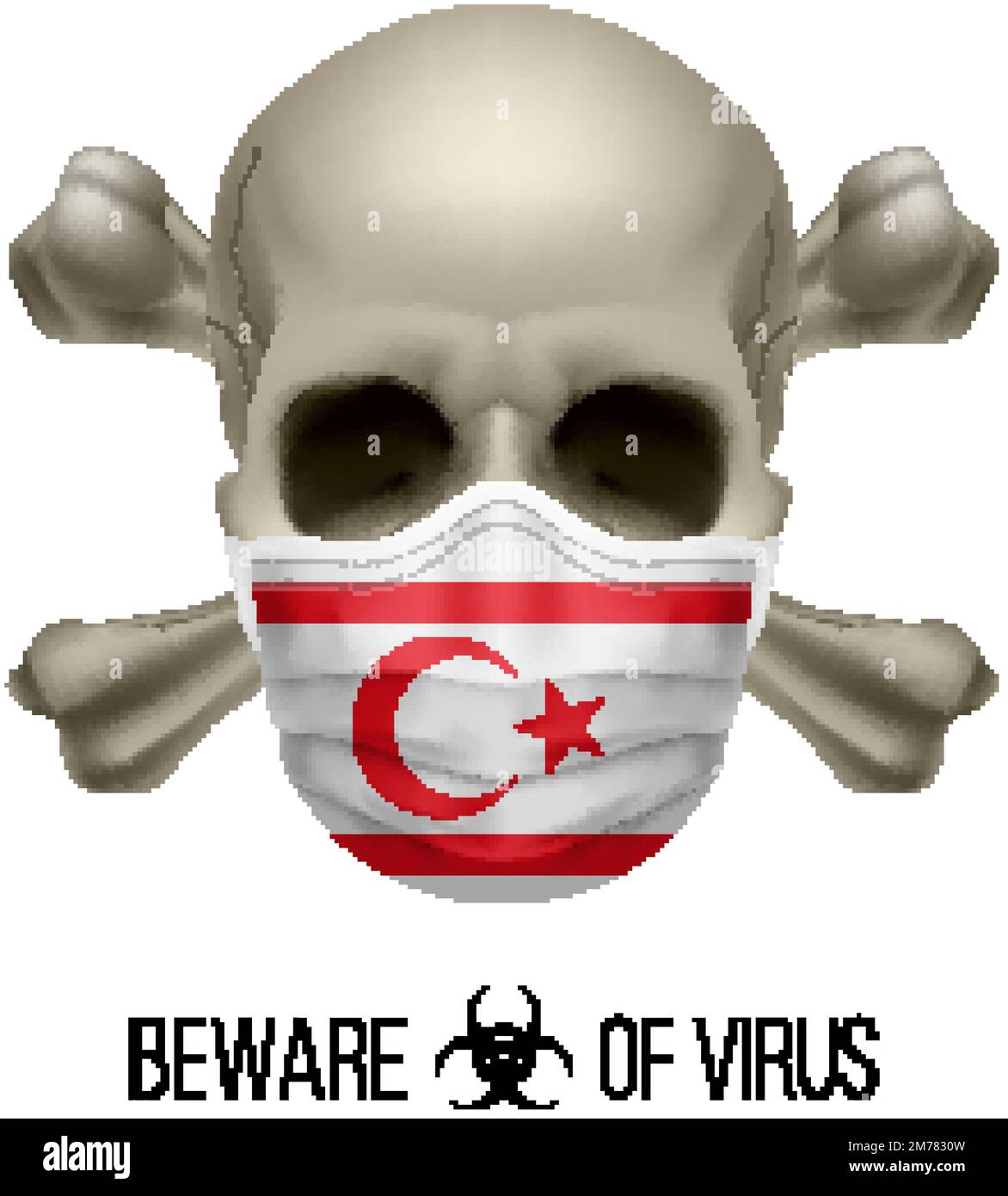 Crâne humain avec os croisés et masque chirurgical à la couleur du drapeau national du nord de Chypre. Masque sous la forme du drapeau et du crâne comme concept de la guerre extrême Illustration de Vecteur